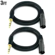 2x 3FT 3-Pin XLR Male to 1/4" 6.35mm Stereo TRS Male Audio Microphone Cable Gold