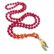 108 Red Agate and Carnelian Mala Necklace, Mudra Hand Pendant, Meditation, Yoga