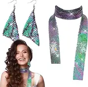 Disco Costume Set | Glitter Scarf and Sequins Tassel Long Drop Dangle Earrings - Party Outfit, 70s Accessories for Women Girls
