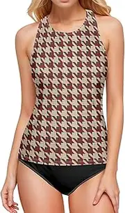[Joisal] Tankini Bathing Suits, Striped Abstract Brown Womens Tankini Bathing Suit Tops, Swim Top with Built in Bra, Small