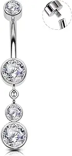 [OUFER] Belly Button Rings, 14G Round Clear CZ Pendant Belly Button Piercing, G23 Solid Titanium Internally Threaded Belly Piercing Jewelry, Navel Piercing Jewelry For Women