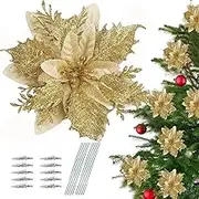 Christmas Tree Decorations,10Pcs 14cm / 5.5in Gold Poinsettia Artificial Christmas Flowers with Clips and Stems Glitter Christmas Tree Ornaments for Xmas Wedding Party Wreath Decorate