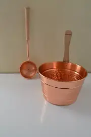 Hammered Copper Sauna Bucket and Ladle with Wooden Handle