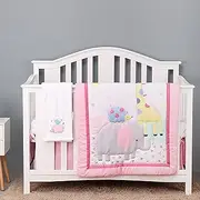 YJM Jungle Crib Bedding Set for Baby Girls, Pink Crib Set, 4 PCS Nursery Bedding Set with Crib Quilt/Sheet/Dust Ruffle/Blanket