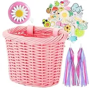 Kids Front Handlebar Basket for Girls - Wicker Scooter Pouch With Colorful Streamers, Bell and Stickers for Children