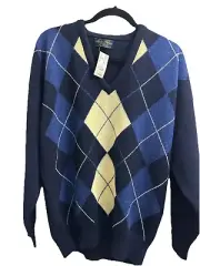 Brooks Brothers Men Sweater L/XL Blue Argyle 100% Lambswool V Neck 44"