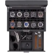 10-Slot Watch Box in Leather with Valet Drawer, Luxury Watch Case Display Org...
