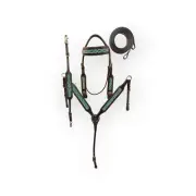 western Leather Equestrian Tooled Beaded Headstall,Breast Collar & Reins. (H029)