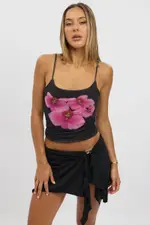 Black Floral Singlet Top Mesh - Size 10S, Women's Singlet