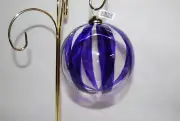 CRATE & BARREL 4" Hand BLOWN Art CLEAR GLASS W PURPLE STIPES Christmas Ornament