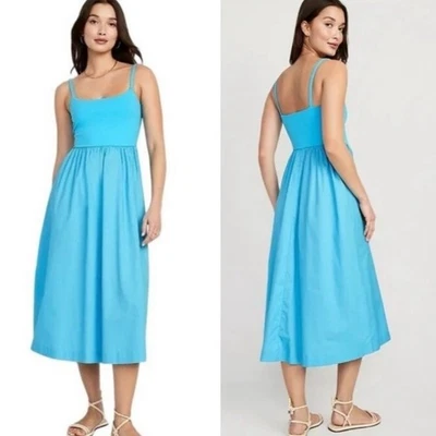 NEW Old Navy Fit & Flare Combination Midi Dress Sz 3X in Casa Blue Balletcore