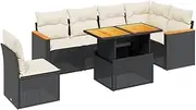 vidaxl 7 Piece Garden Sofa Set - Poly Rattan Black Lounge with Cushions, Adjustable Outdoor Table, Modular Patio Furniture for Backyard or Terrace