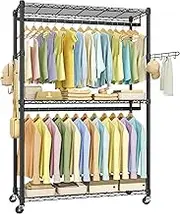 SONGMICS Garment Rack, Heavy-Duty Rolling Clothes Rack, Portable Closet Rack, 43.3-Inch Wide Clothing Rack on Wheels, with Adjustable Mesh Shelves and Hanging Rails, Hooks, Ink Black ULGR414B01