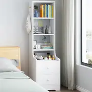 2x Bedside Table Bedroom Warm White with Shelves, Drawers & Side Hook - Modern Design White