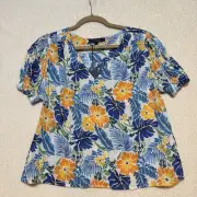 Rachel Roy Tropical Floral Top Women’s S Colorful Rayon Smocked Puff Sleeve NWT