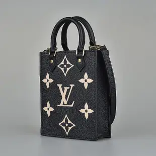 【Louis Vuitton 路易威登】LV PETIT SAC PLAT壓印LOGO Monogram Empreinte牛皮開口式手提/斜背包(迷你/黑)