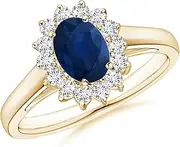 [Angara] Natural Princess Diana Inspired Blue Sapphire Ring with Diamond Halo in 14ct Solid Gold for Women | September Birthstone Jewellery for Her
