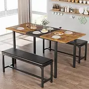 VECELO 3-Piece 63" Extendable Kitchen Table with Benches/Chairs, Modern Breakfast Dinette/Dining Room Set for 4/6/2, Small Space Saving Design, Easy Assembly, Brown