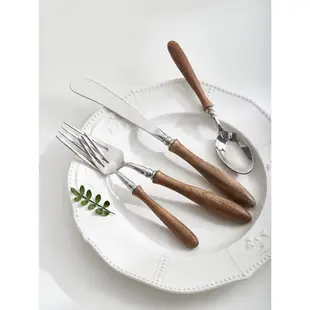 米立風物黃花梨木手柄甜品勺復古304不銹鋼西餐餐具3件套牛排刀叉