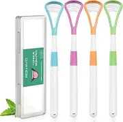 RONAVO Tongue Scraper, 2 IN 1 Plastic Tounge Scraper Cleaner, Brushing and Scraping, with Travel Handy Case for Adults, Kids, BPA Free, Fight Bad Breath, Boosts Overall Health, 4 PACK, 4 COLOR