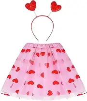 Haakong Valentines Costume Set 80s Costume Tulle Pink Tutu Skirt for Women with Heart Headband Halloween Holiday Cosplay Party Supplies, Red
