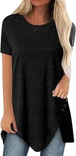 [Generic] Small Tops Button Solid Round Neck Short Sleeve Irregular T-Shirt Blouse Tops Polyester T Shirt Women