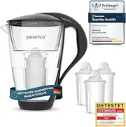 PearlCo Glass Water Filter (Black) Glass Jug with 3 Classic Filter Cartridges - Reduces Limescale & Heavy Metal - Protects Devices - Better Taste of Coffee & Tea - Made in EU