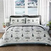 Ridhi California King Quilt Set - Lightweight Summer Block Print Quilt Cal King - Dusty Blue Bedspread California King Size - Bedding Coverlet for All Seasons Includes 1 Quilt, 2 Pillow Shams Cover