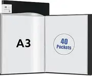 A3 Display Book Folder,40 Pocket Book Presentation Portfolio Folder with Clear Plastic Sleeves Presentation Document Folder for Painting Artwork Portfolio (Black)