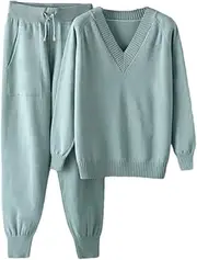 [Generic] Winter Women’S V Neck Sweater Two Piece Set Female Knitted Pants Suits Casual Knitted Pullover Tracksuits