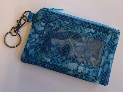 Cotton Fabric Batik Blue Abstract Zippered Key Fob/ID Holder