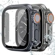 2Pcs PC Firm Cover for Apple Watch Case 45mm 41mm 44mm 40mm Glass Appearance Upgrade 49mm Turning into Ultra iWatch 9 8 7 6 5 4 SE,Titanium Gold+Orange/Original Black+Orange 45mm