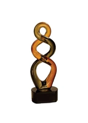 Hand Made glass art sculpture Swirls Multicolor Blown Glass Wooden Base 13 1/2"
