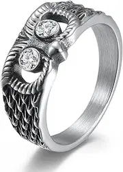 RIUKIU Vintage Diamond Set Owl Ring, Fashionable Stainless Steel Men's and Women's Rings,Silver,10