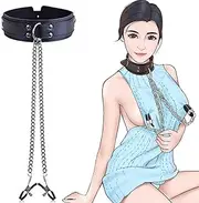 Neck Collar with Nipple Clamps and Detachable Chain Sexy Slave Beginner BDSM Fetish Collar Bondage Gear Neck to Nipple Clip Restraints Kit SM Sex Game Toy