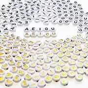 Yiizzxin 1000Pcs Round Acrylic Vowel AEIOU Letter Beads for Bracelets,White Black/Gold Letter Beads with 200 Beads per Letter,4x7mm Flat Alphabet Beads for Jewelry Making DIY Crafts Supply(AEIOU)