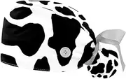 [WOSHJIUK] Working Hat 2 Pack Scrub Caps for Women,Cow Print White Black,Tie Back Cap Adjustable Scrub Hat