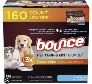 2 New Bounce Pet Hair and Lint Guard Dryer Sheets 160 count Mega Sheet
