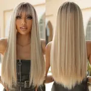 Long Straight Blonde Wigs with Bangs Ombre Hair Syntehtic Wigs for Women Heat...