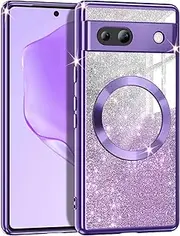 Casetego for Google Pixel 7A Case,Compatible with MagSafe,Glitter Sparkle Magnetic Plated Slim Shockproof Soft TPU Bumper Full Protection Case for Google Pixel 7A,Deep Purple