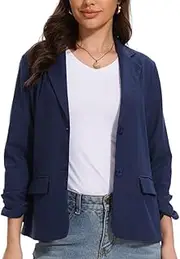 YOUNIFIZ Women's Linen Jackets 3/4 Ruched Sleeves Lightweight Button Lapel 2025 Casual Spring Summer Blazer with Pockets
