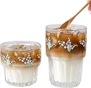 Set of 2 12 OZ French Drinking Glasses Floral Juice Cup Cute Lily of the Valley Glass Cups for Iced Tea,Coffee,Latte,Milk,Dessert,Stackable Glassware Drinkware Set(green)