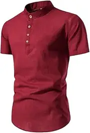 [TONGUC] Spring and Summer New Men's Fashion Slim Fit Solid Short Sleeve Shirt Business Standing Collar Cotton Hemp Half Open Men's Shirt Wine red