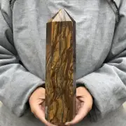 3.08LB TOP!Natural tiger's eye jasper quartz obelisk crystal wand point healing