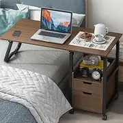 2 in 1 Foldable Overbed Table with Wheels, Bedside Table Adjustable Height, Mobile Computer Desk Laptop Table, Standing Over Bed Table for Hospital and Home Use,Oak b