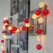 1 Set of Red and White5cm Rattan Cane 20 Ball Battery Powered 3m String Light...