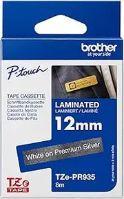 Brother Genuine Tze-PR935 Laminated Tape, White On Premium Glitter Silver, 12mm x 4m