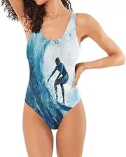 [Joisal] Valentine Cute Love Gnomes One Piece Bathing Suit Low Back Womens Bathing Suits One Piece, Cool Surfer Wave Blue, XX-Large