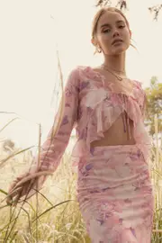 Pink Floral Bolero Flare Long Sleeve V Neck Floral Chiffon - Size 10, Women's Bolero