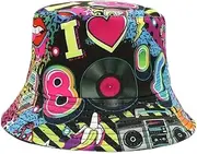 [Generic] Retro Throwback 80's Boombox & Cassette Fisherman Bucket Sun Hat, I LOVE 80's 1980's, Black, Multicolor, One Size